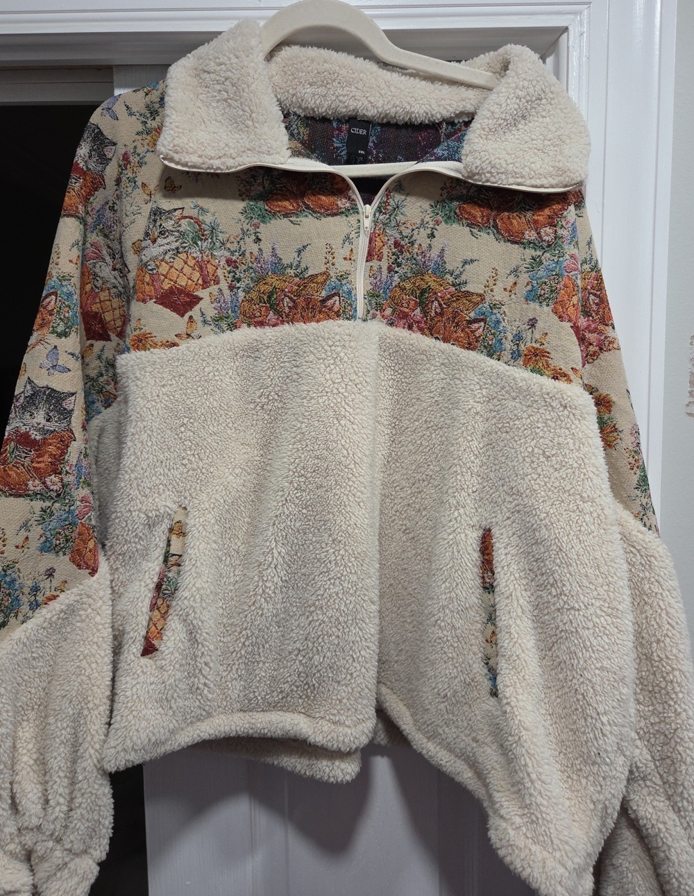 Cider Cream Sherpa Half-Zip Jacket with Cats!